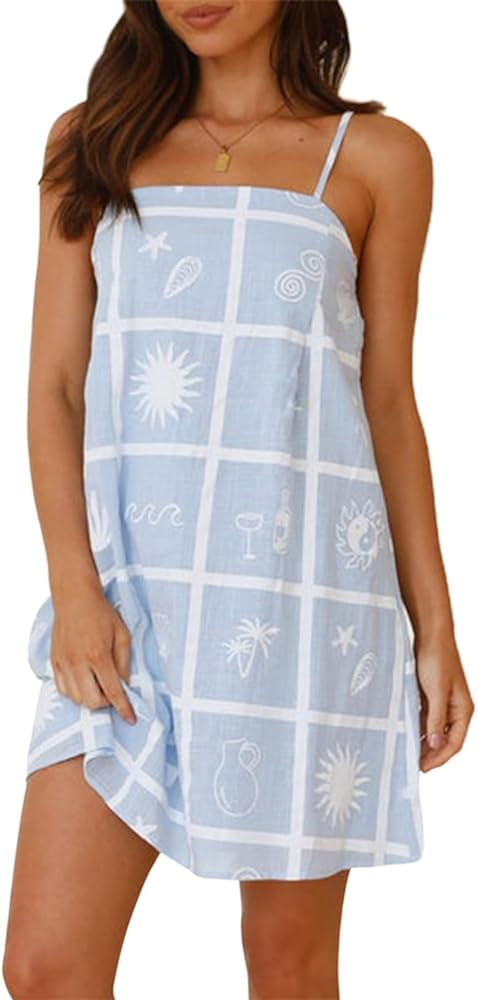 Muineobuka Women Boho Graffiti Cami Mini Dress Spaghetti Strap Colorful Flowy Seashell Fish Print... | Amazon (US)