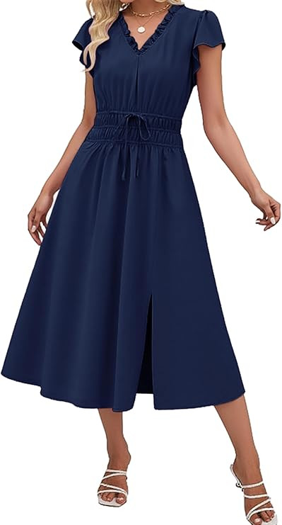 Angashion Womens Summer Midi Dresses Casual V Neck Cap Sleeve Empire Waist Elegant 2026 Flowy Sol... | Amazon (US)
