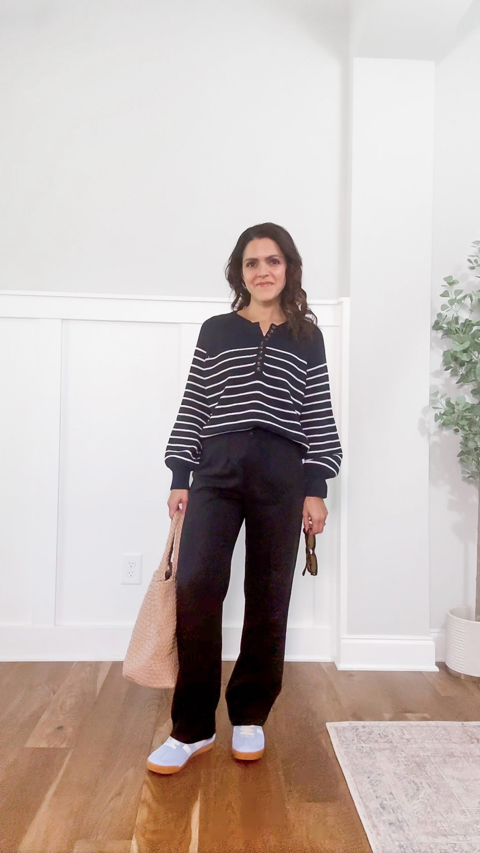 Monthly outfit planner OCTOBER: Planner to Person: Fall outfits | black trouser, striped sweater, white tee, sneaker, leather tote 

#falloutfit #classicstyle #casualstyle 


#LTKSeasonal #LTKStyleTip