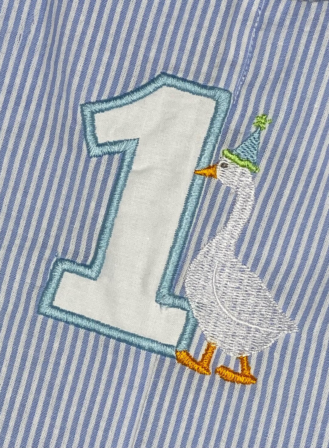 Eddy Slim Fit One Silly Goose First Birthday Boys Blue Seersucker Romper Jon Jon Shortall Sunsuit... | Etsy (US)