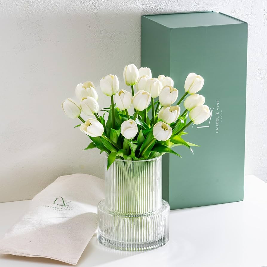 Tulip and Vase Ribbed Glass with 20 White Tulips Artificial Flowers Gift Set Fluted Clear Flower ... | Amazon (US)
