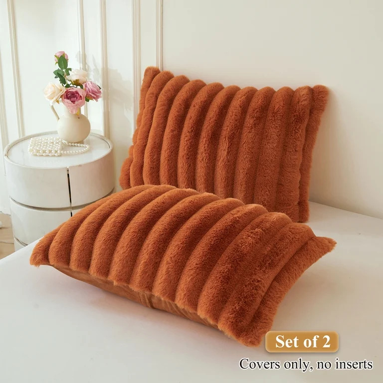 XeGe Pack of 2 Fluffy Faux Rabbit Fur Pillowcases, Soft Striped Plush Fuzzy Bed Pillow Cases with... | Walmart (US)