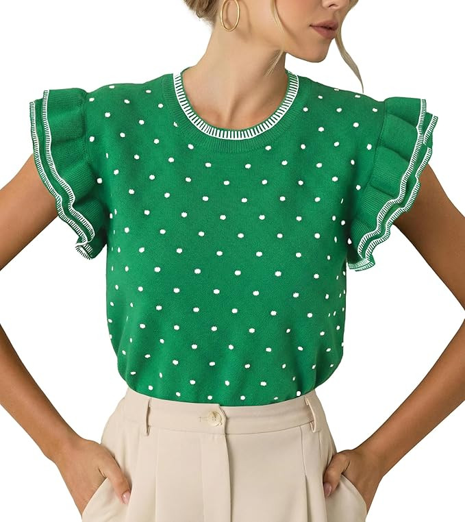 Saodimallsu Womens Ruffle Short Sleeve Sweaters Polka Dots Casual Crew Neck Flutter Sleeve Knit S... | Amazon (US)
