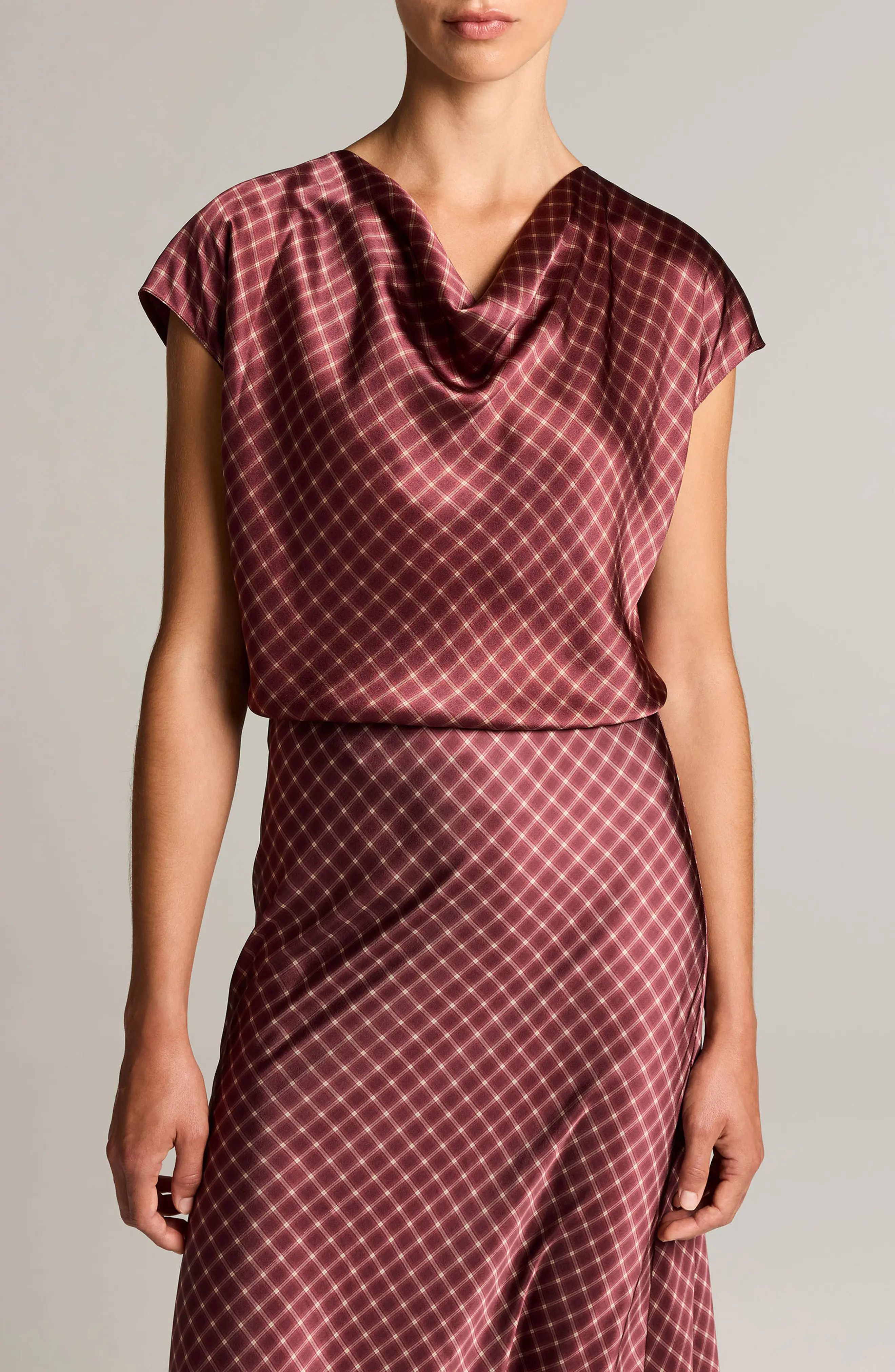 Vince Ombr Plaid Silk Cowl Neck Top in Black Rose/oak Buff at Nordstrom, Size Large | Nordstrom