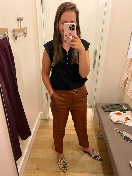 A classic top to mix with trendy pants for a stylish fall work outfit. The texture on this blouse elevates it above just being another black tee. 

Sizing: top tts (xs)
Pants: size down one for this brand (2)
