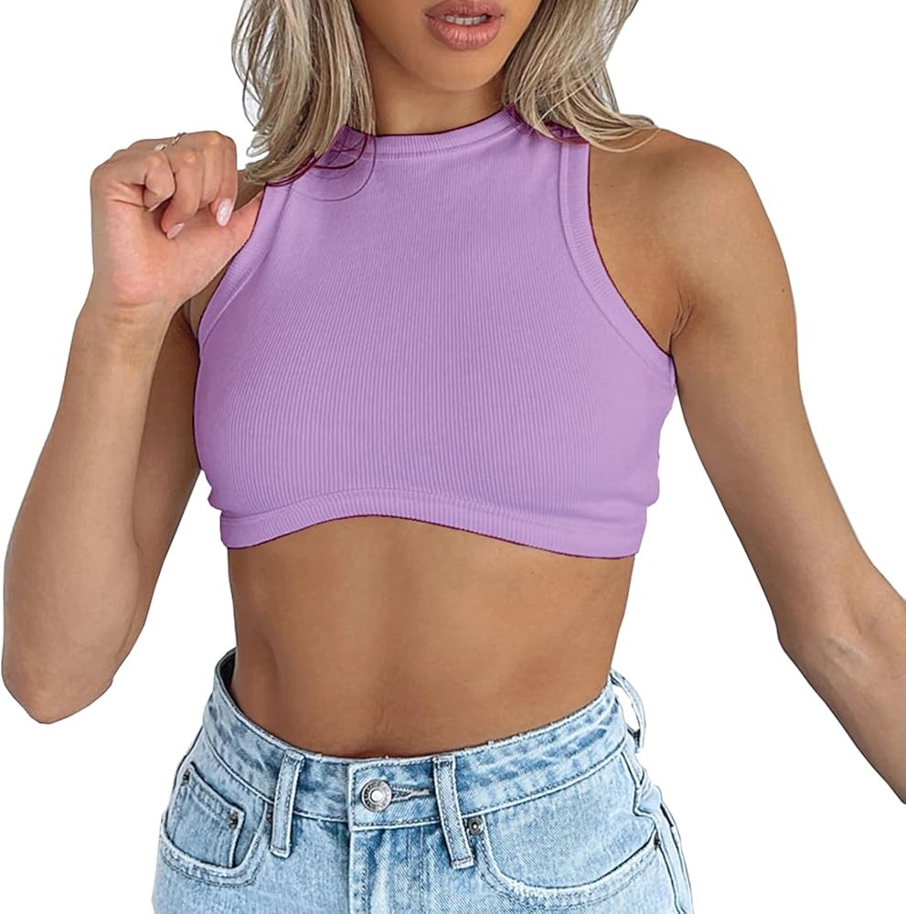 Dwnval Sexy Sleeveless Crewneck Ribbed Knitted Tank Crop Tops for Women | Amazon (US)