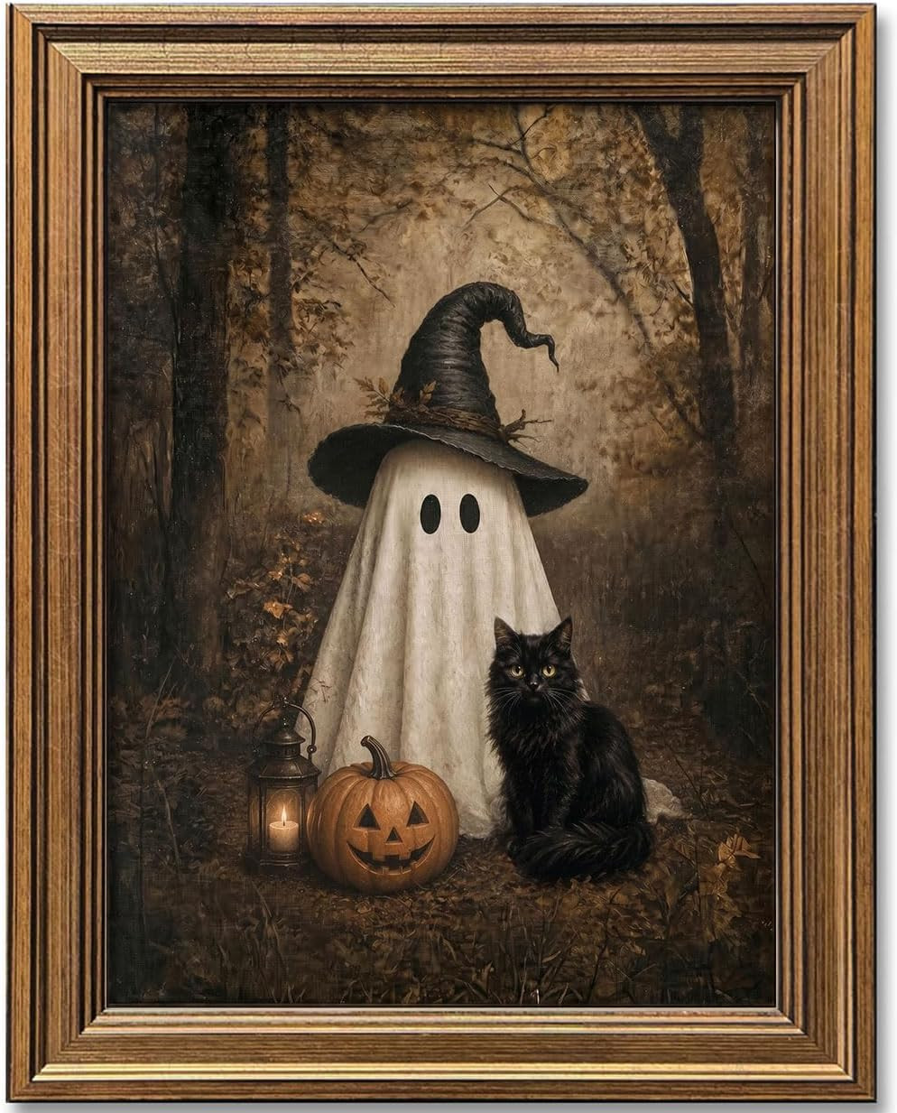 Wemandh Vintage Halloween Wall Art, Gold Framed Cute Ghost and Black Cat Canvas Print, Dark Academia Spooky Room Decor, Witch Hat Pumpkin Fall Picture for Gothic Home Office (9.5'' x 12'') | Amazon (US)