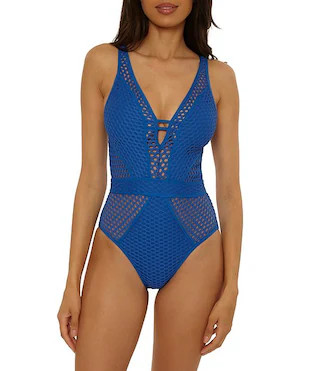 Becca By Rebecca Virtue Castaway Sheer Fishnet Plunge Neck One Piece Swimsuit | Dillard's