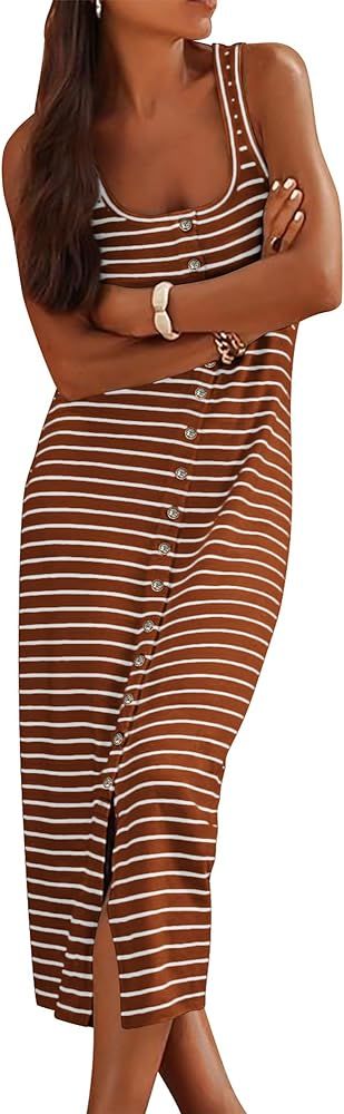 NOLLSOM Women Casual Sleeveless Striped Tank Midi Dresses Spring U Neck Bodycon Dresses T Shirt S... | Amazon (US)