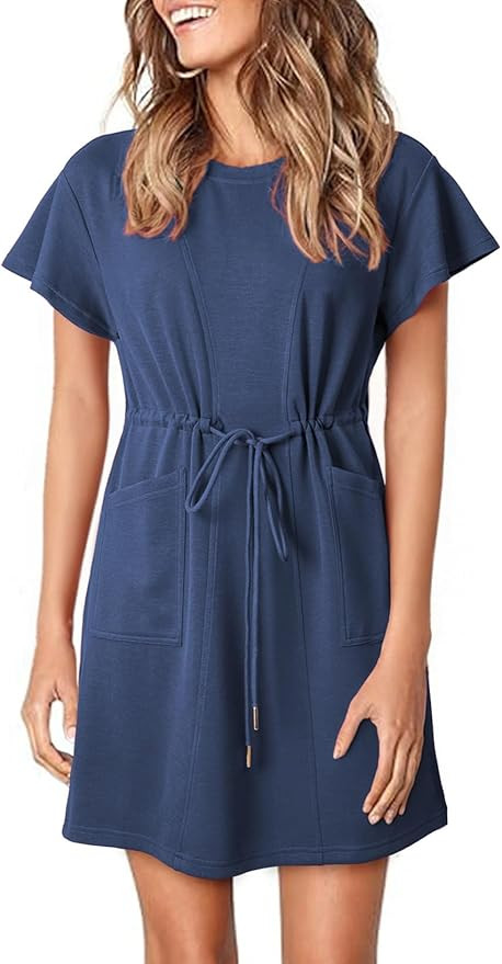 EVALESS Womens Spring Summer Dresses 2025 Casual Round Neck Ruffle Short Sleeve Flowy A Line Mini... | Amazon (US)