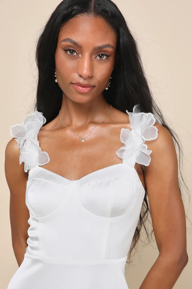 Divinely Charming White Satin Floral Applique Bustier Midi Dress | Lulus