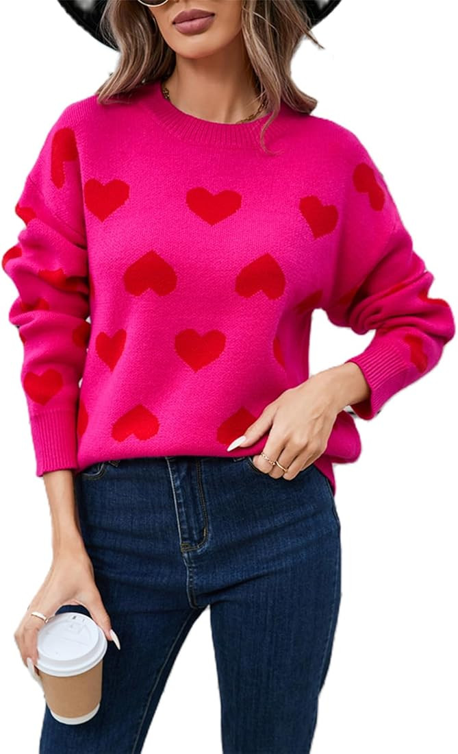 Women Cute Love Heart Sweater Y2K Long Sleeve Oversized Sweater Valentine's Day Pullover Knit Top | Amazon (US)