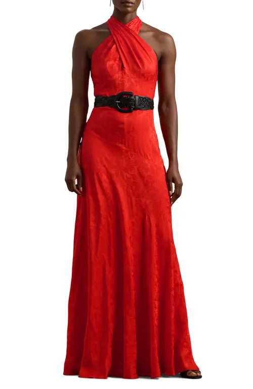 Lauren Ralph Lauren Floral Jacquard Belted Gown in Bright Vermilion at Nordstrom, Size 14 | Nordstrom