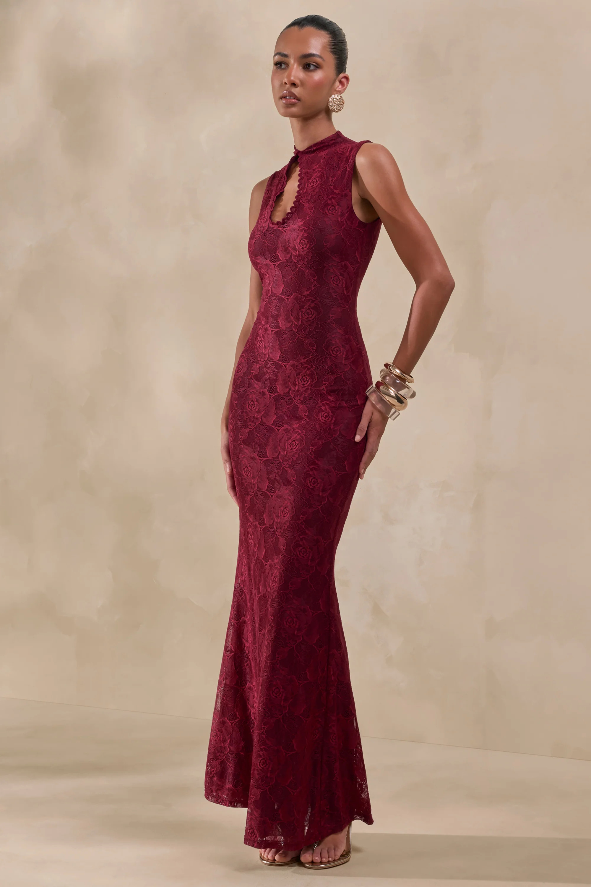 Ravissa | Burgundy Sheer Lace High-Neck Maxi Dress | Club L London