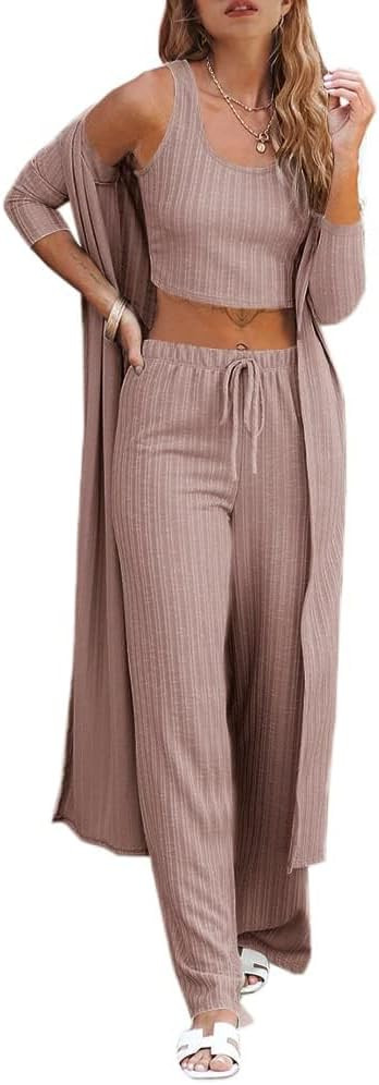 Fessceruna Womens 3 Piece Lounge Sets Pajamas Knit Long Sleeve Cardigan Crop Top Wide Leg Pants L... | Amazon (US)