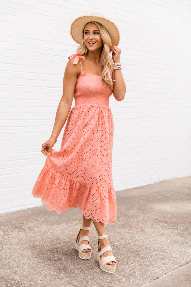 Promise In My Heart Peach Lace Midi Dress | The Pink Lily Boutique