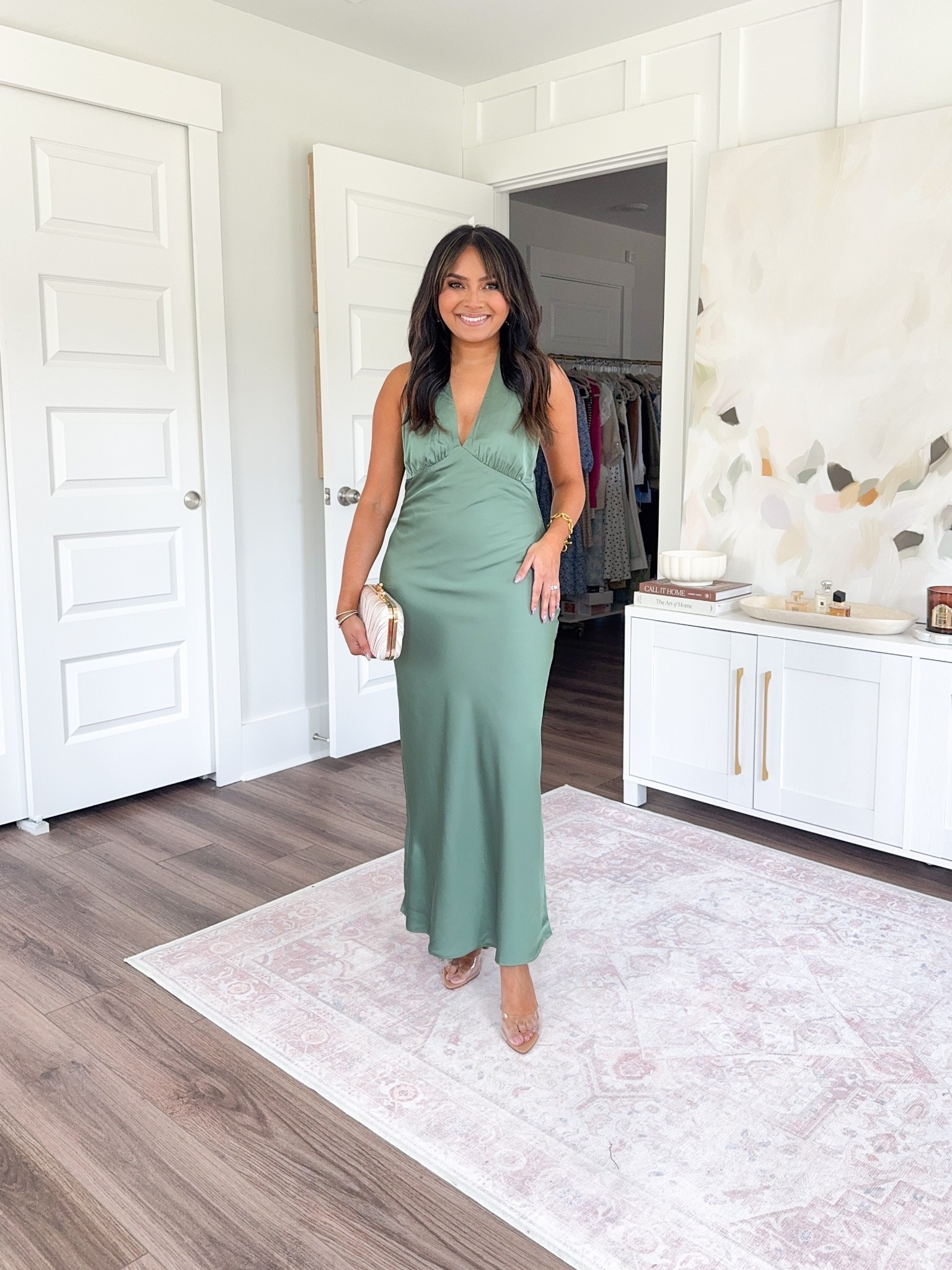 Green halter dress size small petite - sized up a size for room in the hips
Clear heels size 5 TTS


#LTKPetite #LTKWedding #LTKSaleAlert