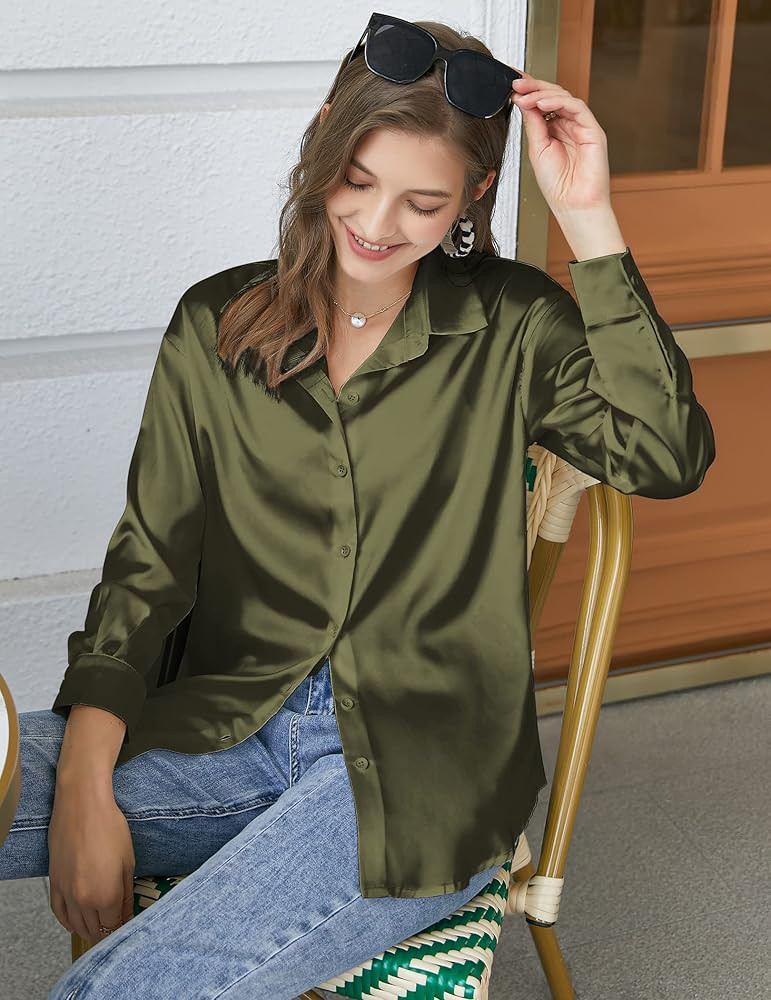 Chigant Women's Blouse Satin Silk Shirts Button Down Shirts Casual Loose Long Sleeve Office Work ... | Amazon (US)