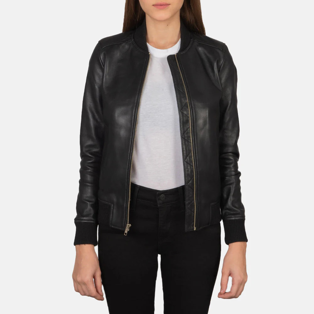 Women's Bliss Black Leather Bomber Jacket | The Jacket Maker