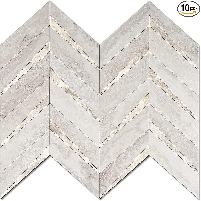 STICKGOO 10-Sheet Herringbone Tile Peel and Stick Backsplash, Beige Mixed Metal Gold PVC Stick on... | Amazon (US)