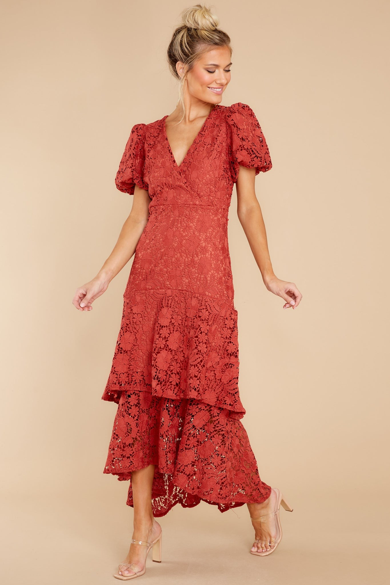 Elevated Elegance Rust Lace Midi Dress | Red Dress 