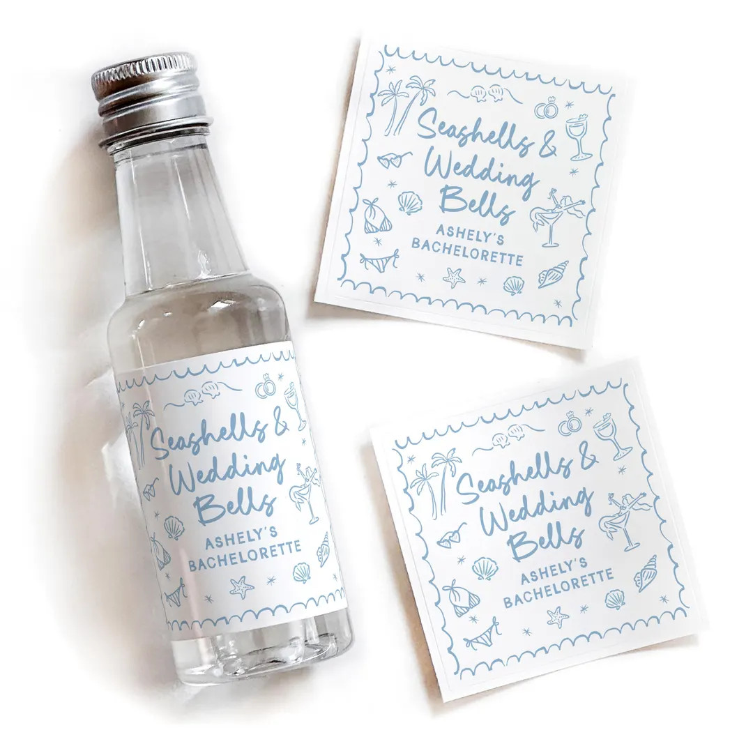 Whimsical Seashells & Wedding Bells Mini Liquor Labels, Coastal Bachelorette Party Favor, Bach Ba... | Etsy (US)
