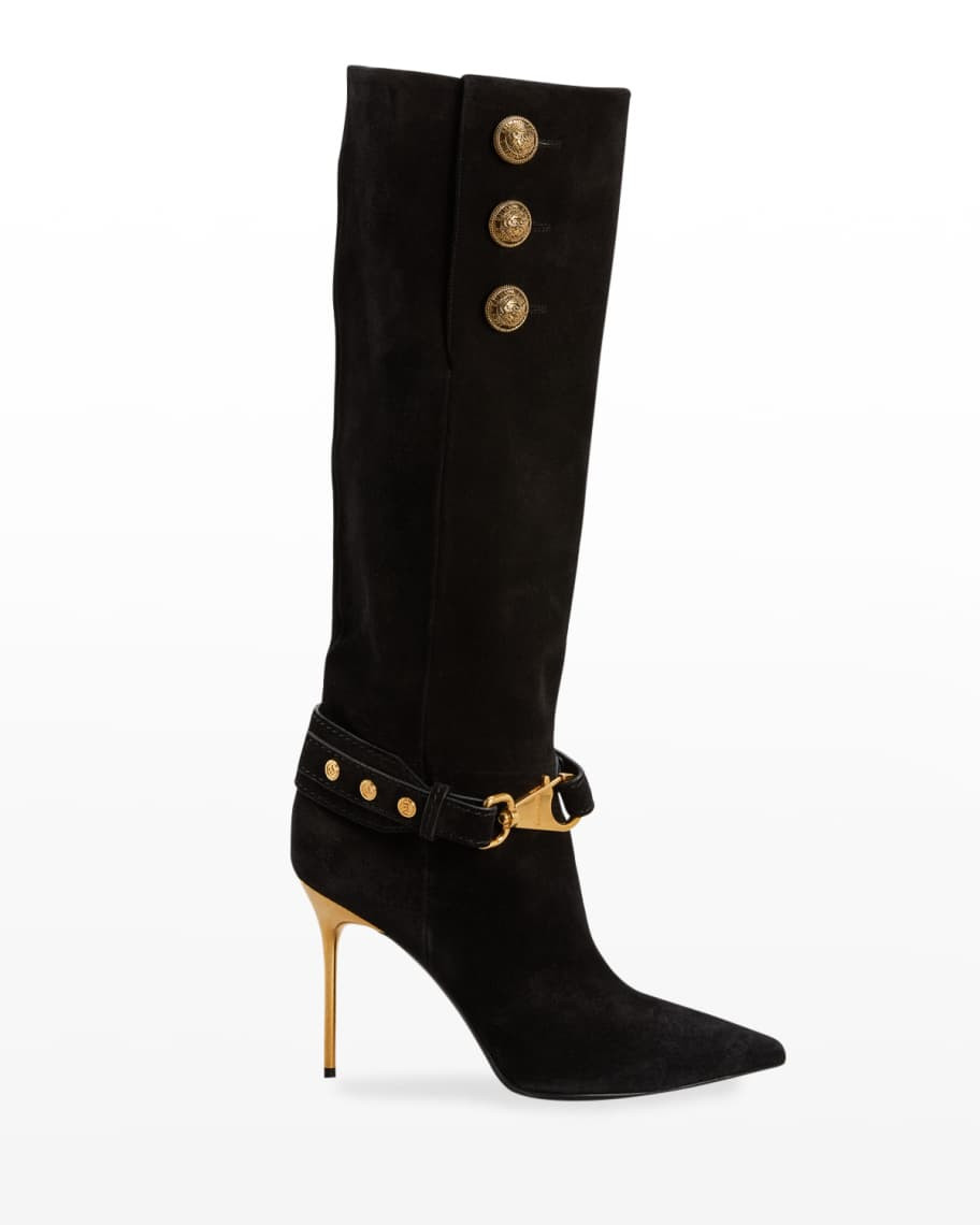 Robin Button-Trio Suede Tall Stiletto Boots | Neiman Marcus