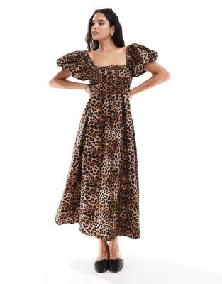 ASOS DESIGN puffed sleeve smock midi dress in animal print | ASOS | ASOS (Global)