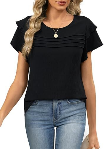 Funlingo Womens Dressy Casual Blouses Summer Ruffle Short Sleeve Tops Crew Neck Pleated Front Shi... | Amazon (US)
