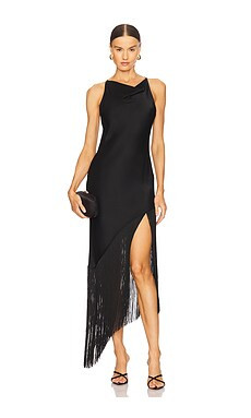 Lapointe Satin Cowl Neck Fringe Dress in Black from Revolve.com | Revolve Clothing (Global)