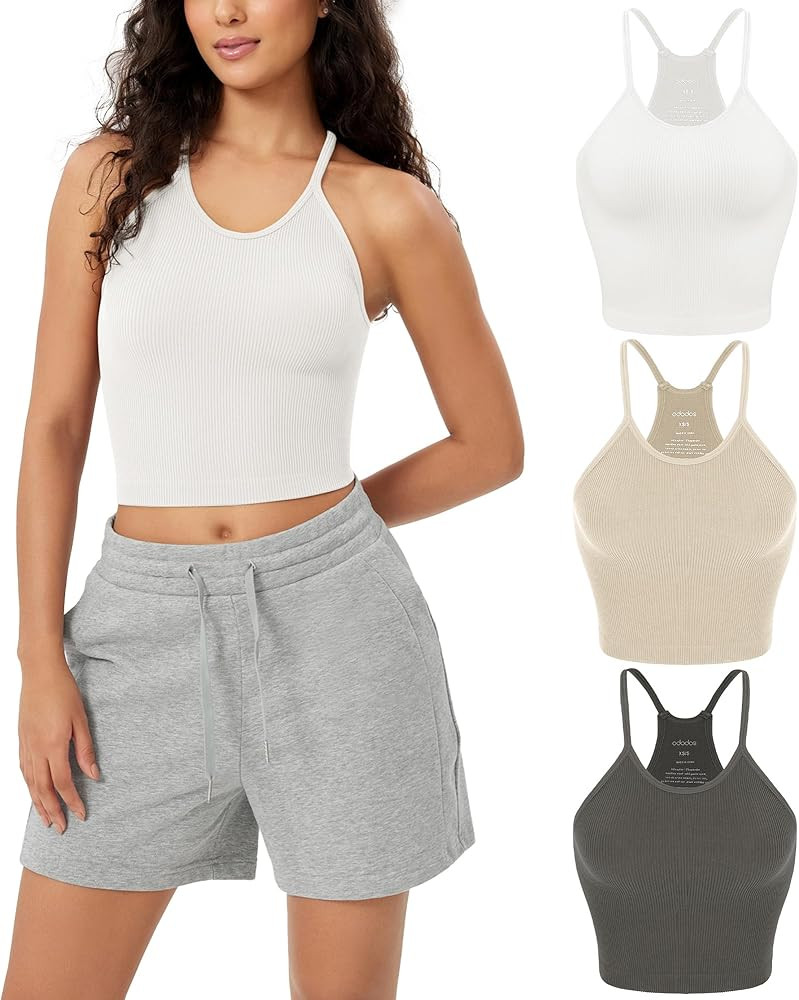 ODODOS Women's Crop 3-Pack Washed Seamless Rib-Knit Camisole Crop Tank Tops | Amazon (US)