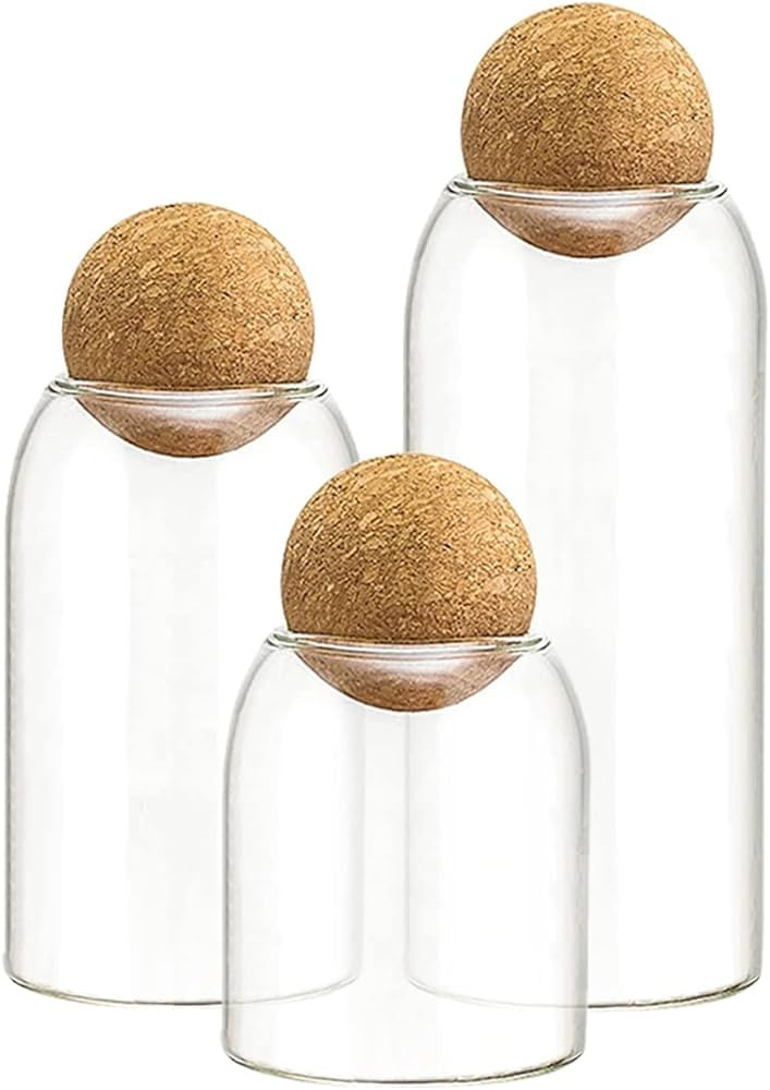 AEFPOYMXU 3 Pcs Glass Jars with Cork Ball Lid Set Kitchen Food Terrarium Airtight Clear Storage C... | Amazon (US)