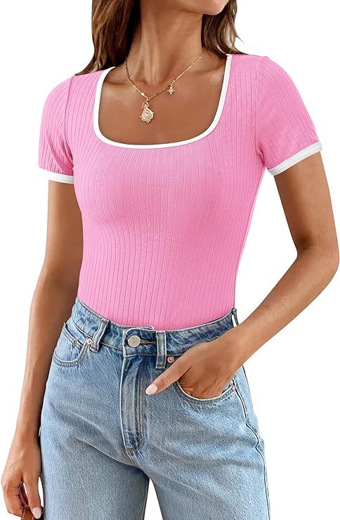 PRETTYGARDEN Women's Summer Short Sleeve T Shirts Ribbed Knit Square Neck Color Block Slim Fit Ba... | Amazon (US)