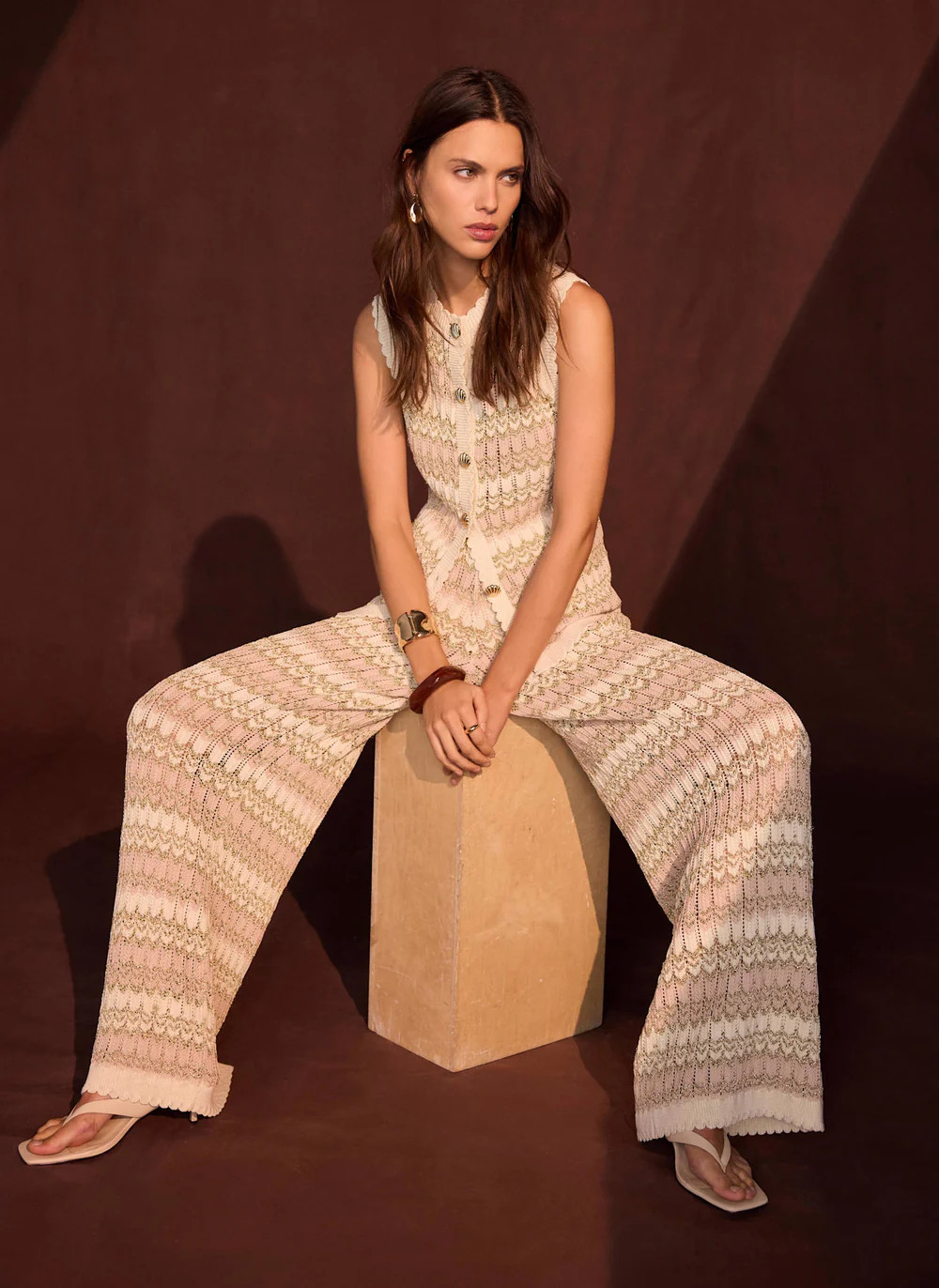 Neutral Striped Crochet Trousers | Mint Velvet