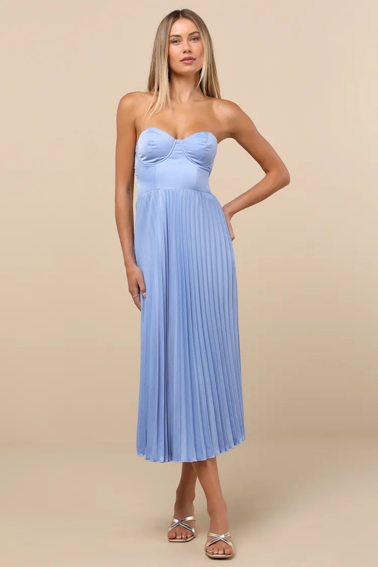 Irelyn Dusty Blue Satin Bustier Midi Dress | Lulus