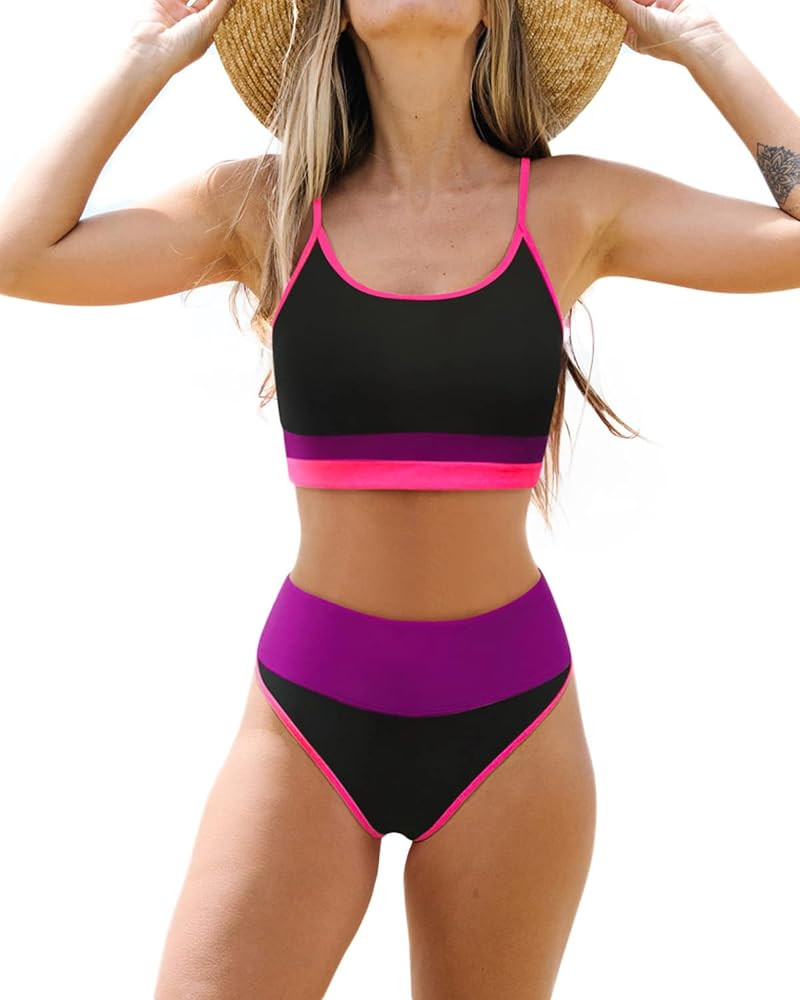popvil High Waisted Bikini Sets for Women Sporty Scoop Neck Bathing Suits Two Piece Swimsuit with... | Amazon (US)