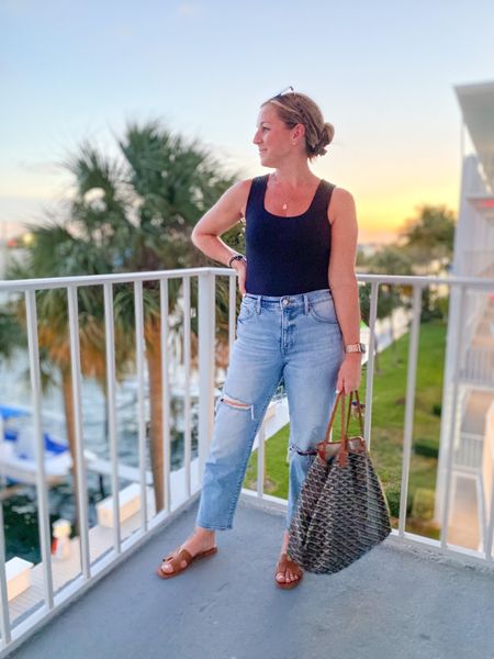 Vacation outfit for dinner at seasons 52. Black bodysuit from Abercrombie and distressed ankle mom jeans from express. Everything is true to size  

#LTKtravel #LTKSeasonal #LTKstyletip