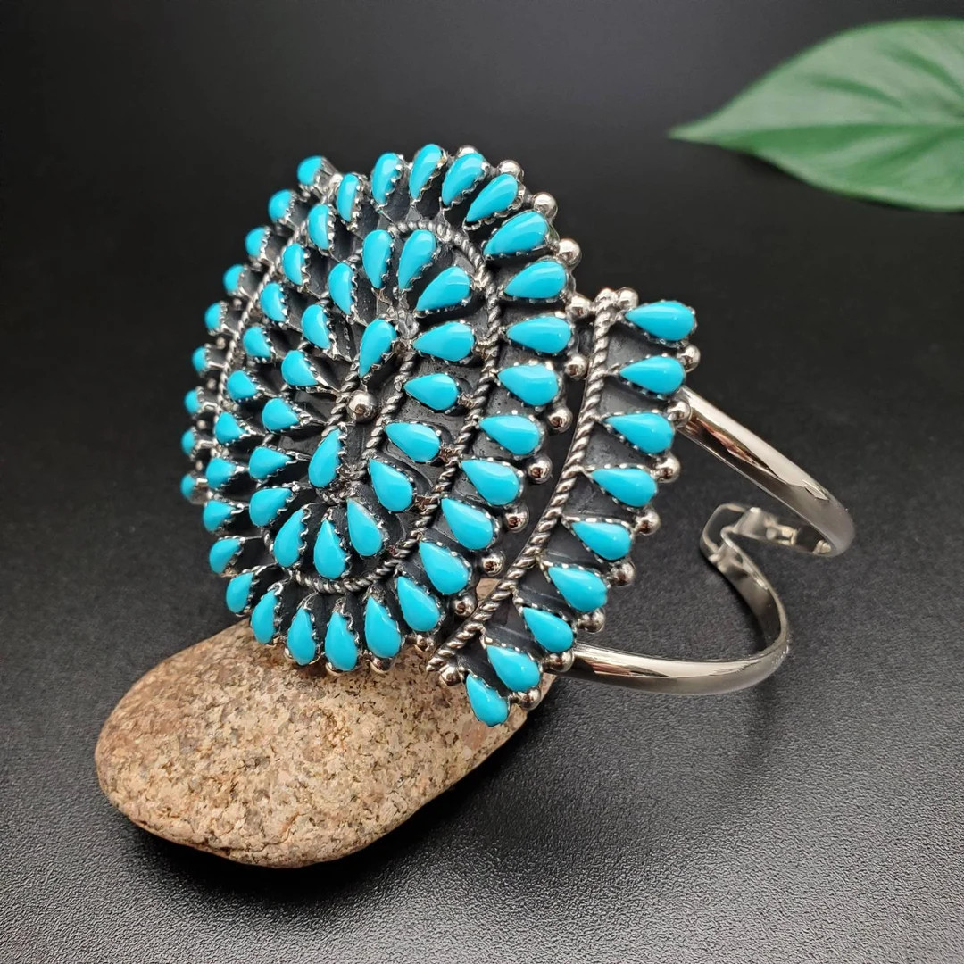 925forher Cluster Turquoise Cuff Bracelet | Big Turquoise Bracelet Cuff | Sterling Silver Bracele... | Etsy (US)