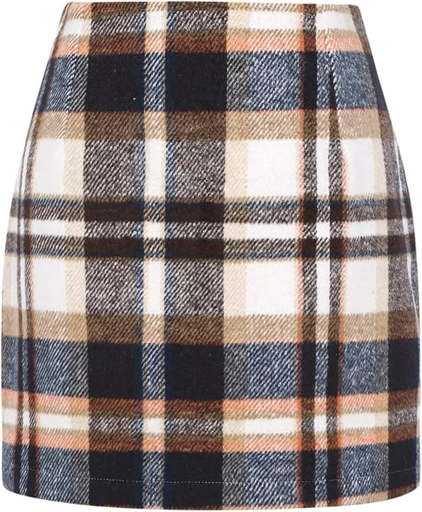 onlypuff Fall Plaid Skirts for Women High Waist Bodycon Mini Skirt Ladies Above The Knee Dress Fa... | Amazon (US)