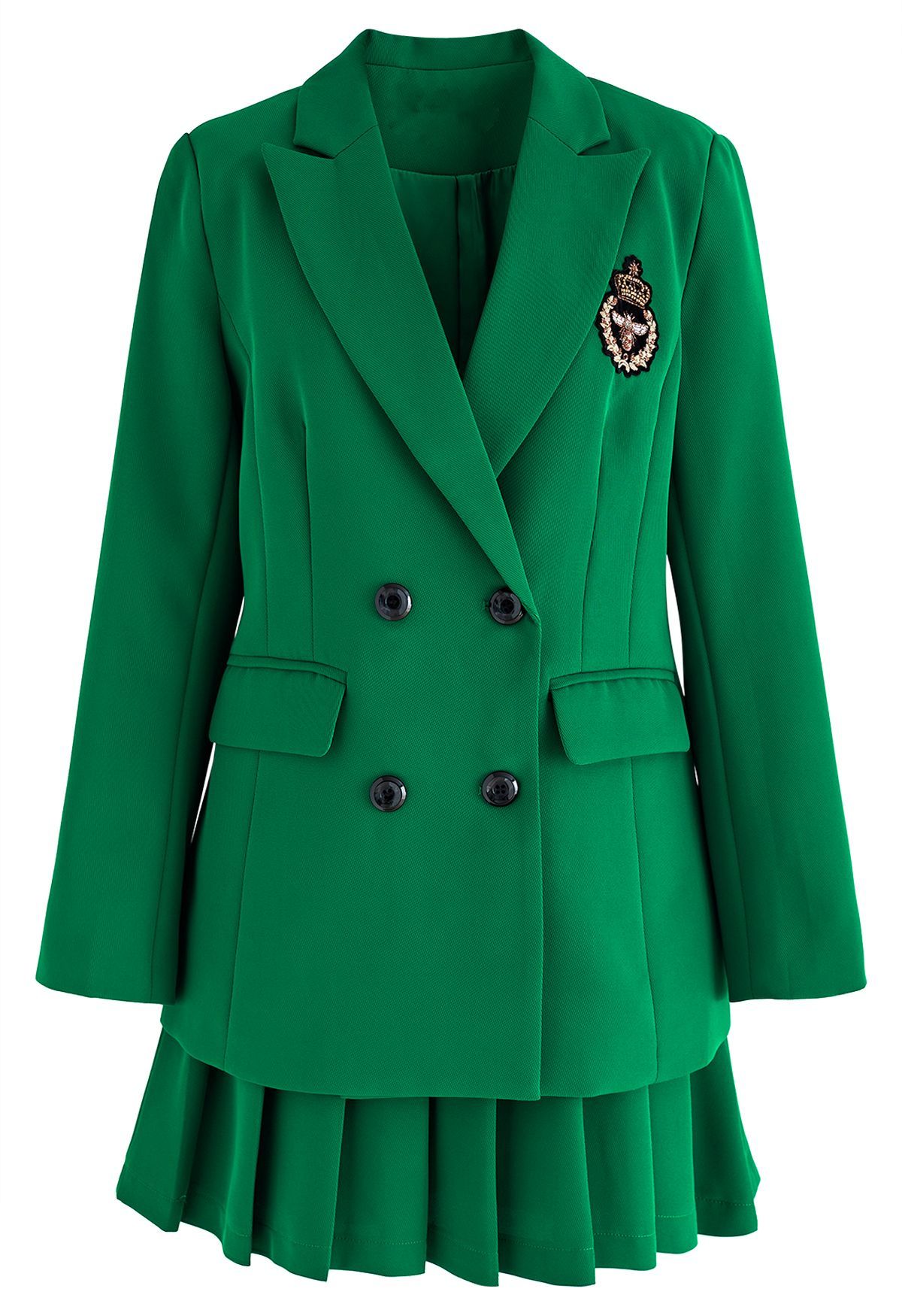 Bee Badge Solid Color Blazer and Skirt Set in Green | Chicwish
