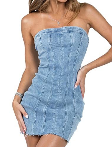 Just Quella Women Denim Strapless Tube Bodycon Mini Jean Dress (US 8-10) | Amazon (US)