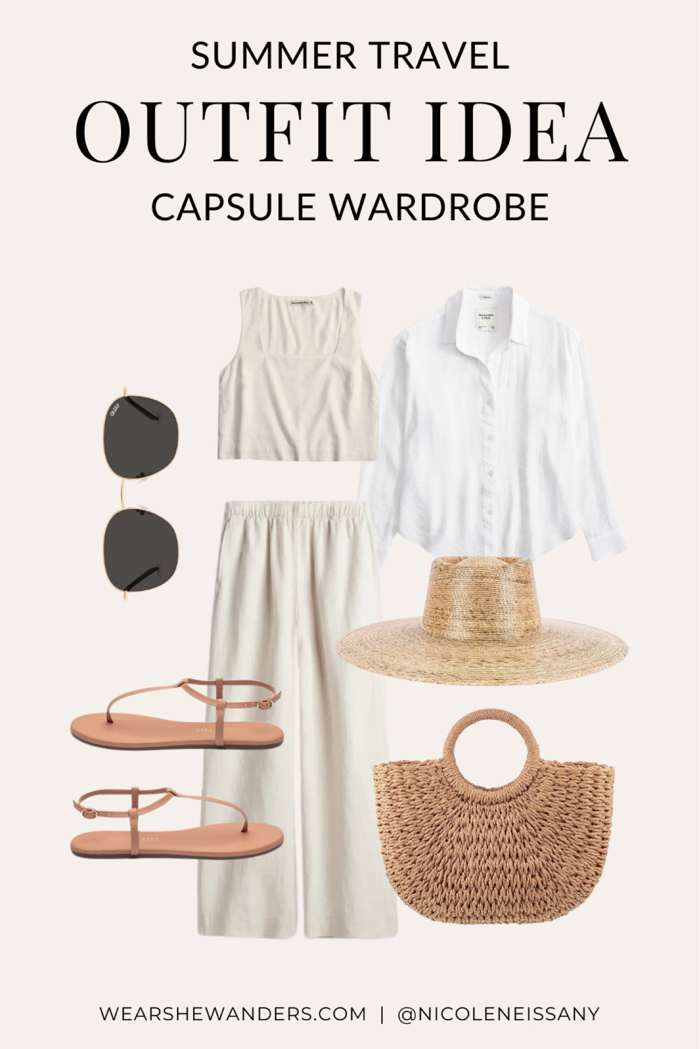Summer travel capsule wardrobe outfit

// summer travel capsule outfit, vacation outfit, resort wear, travel outfit, summer outfit, beach outfit, pool outfit, resort outfit, casual outfit, linen crop top, linen pants, linen wide leg pants, beach pants, gauzy cotton button up shirt, gauzy cotton button down shirt, swim coverup, swim cover up, swimsuit coverup, swimsuit cover up, round sunglasses, strappy sandals, straw boater hat, straw hat, beach hat, woven tote bag, woven beach bag, Amazon fashion, Abercrombie, Petal and Pup, HM, Revolve, Lulus, Wear She Wanders, wearshewanders.com, Nicole Neissany (4.11)

#LTKSeasonal #LTKtravel #LTKitbag #LTKsalealert #LTKfindsunder100 #LTKstyletip #LTKfindsunder50 #LTKshoecrush