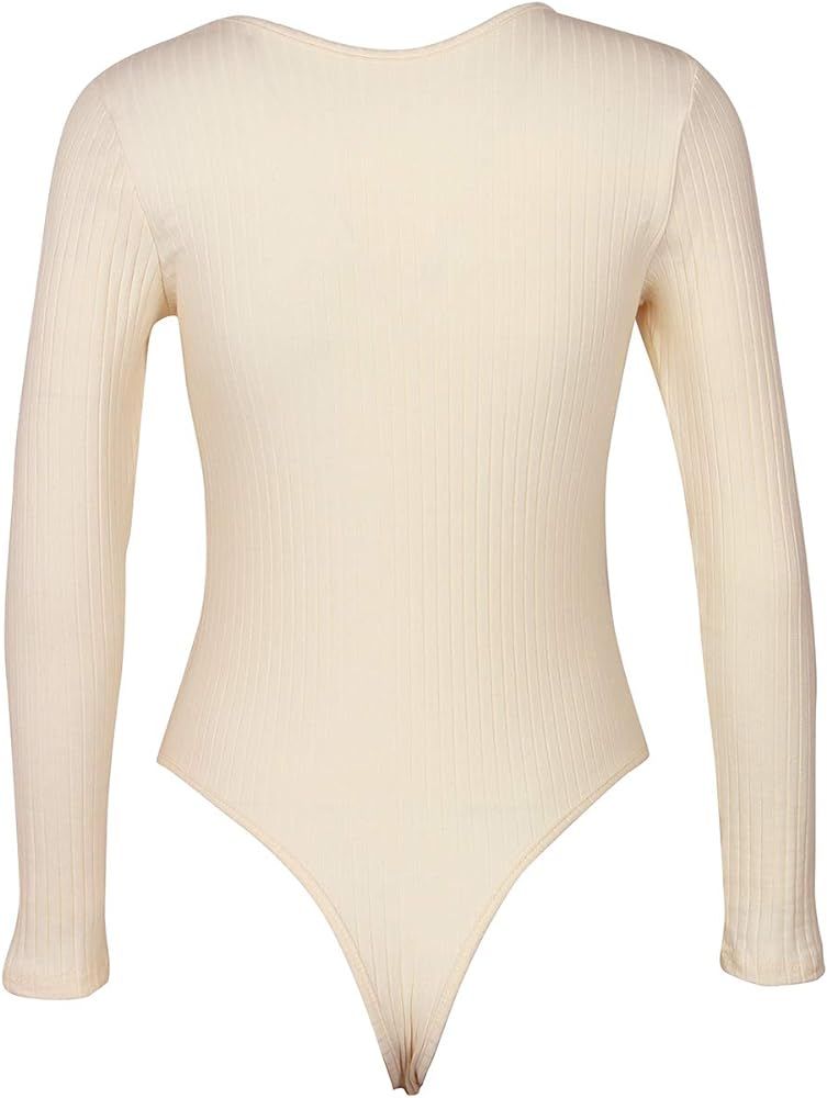 GEMBERA Women's Deep V Neck Long Sleeve Bodysuit Ribbed Knit Bodycon Basic Bodysuit Tops | Amazon (US)