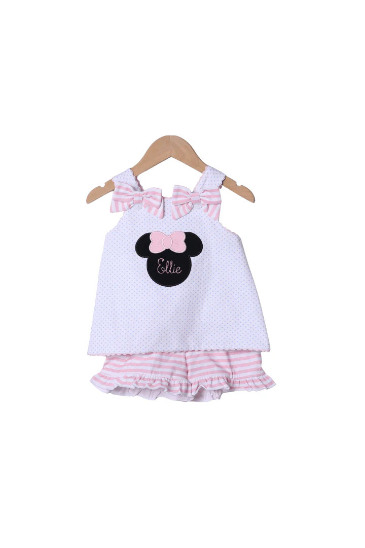 Pink Mouse Applique Bow Short Set | The Smocked Flamingo