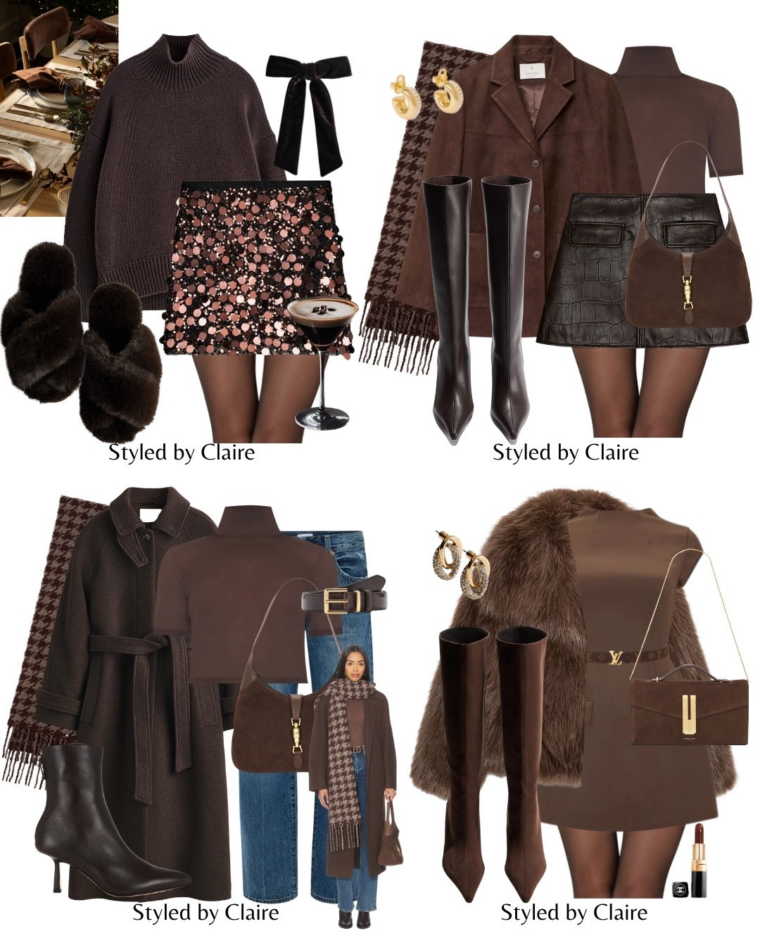 Chocolate Outfits for Every Occasion🍫
Tags: sequin skirt Christmas Day outfit chunky oversized turtleneck funnel neck jumper knit sweater cos slippers fluffy velvet bow mango Zara H&M wool coat tie belt ankle boots leather knee high pistola denim jeans dark wash suede bag blazer belt scarf dogtooth croc print skirt odd muse dress faux fur coat demellier London bag fashion winter inspo outfit ideas chic women’s style statement Parisian look capsule wardrobe festive partywear party night out 

#LTKpartywear #LTKstyletip #LTKfestive