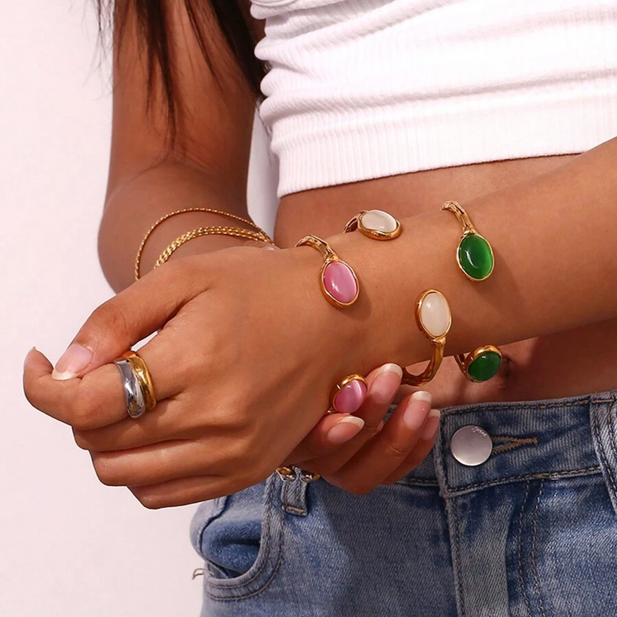 1pc Vintage Anti Tarnish Watrproof 18ct Gold Plated Titanium Steel Cuff Natural Agate Jade Bangle... | SHEIN