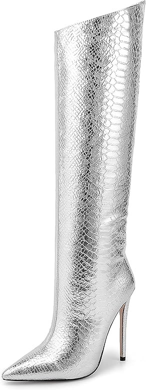 CEVARISAI Women's Silver Knee High Boots.Pointed Toe Stiletto Banquet Dress Boots | Amazon (US)