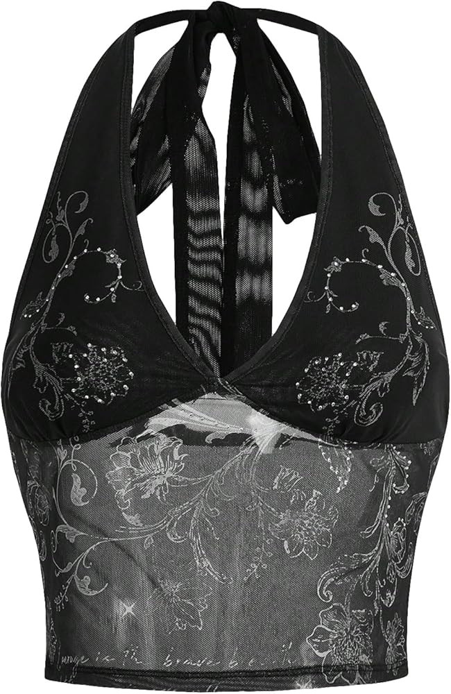 COZYEASE Women's Y2K Sheer Mesh Tie Back Halter Top Floral Print Rhinestone Cami Tops Backless Cr... | Amazon (US)