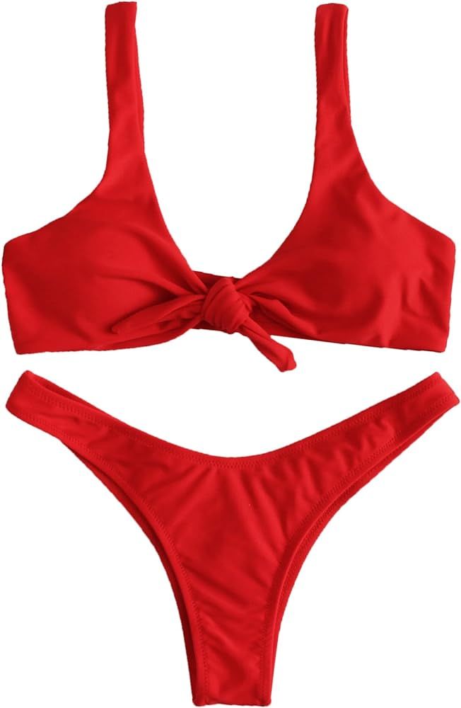SweatyRocks Women's Sexy Bikini Swimsuit Plaid Print Tie Knot Front Thong Bottom Swimwear Set | Amazon (US)