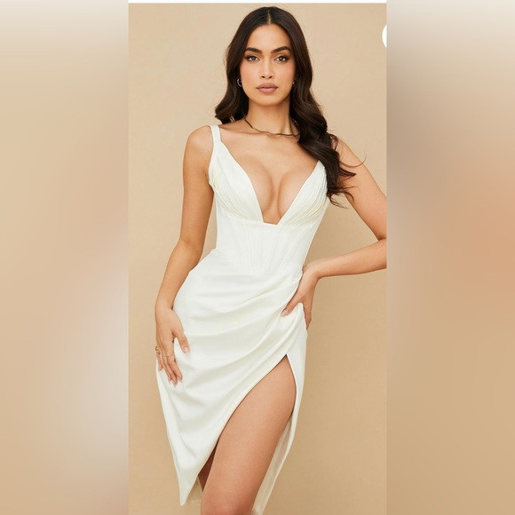 House of CB Faye Ivory Satin Corset Midi Dress | Poshmark